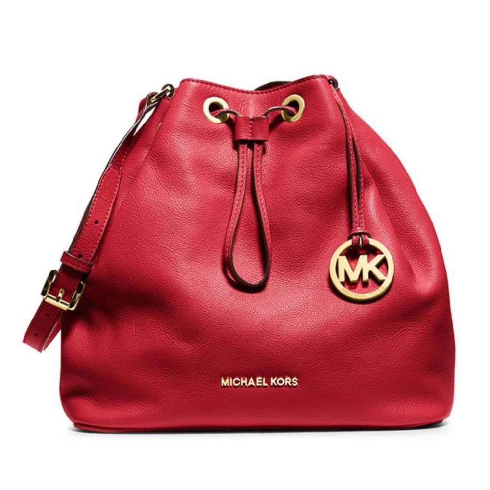 Michael Kors Jules Red Leather Drawstring Handbag Purse